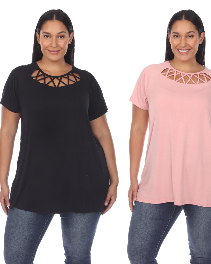 Front of a model wearing a size 3X Essential 2 Pack Crisscross Short Sleeve Top in Black Rose by White Mark. | dia_product_style_image_id:249819